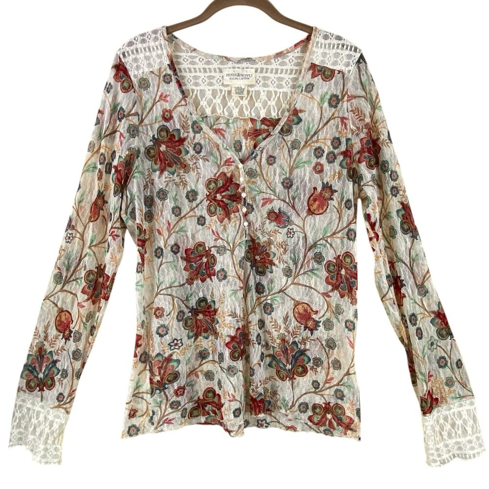 Denim & Supply Ralph Lauren Floral Mesh Lace Shirt Size XL Semi Sheer